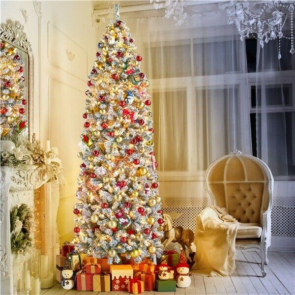 9ft Prelit Snow Flocked Artificial Christmas Tree Pencil Fir Tree with Stand