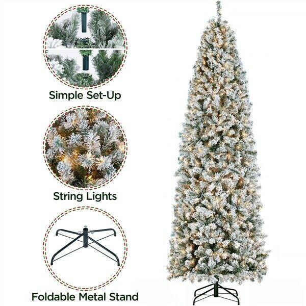 9ft Prelit Snow Flocked Artificial Christmas Tree Pencil Fir Tree with Stand