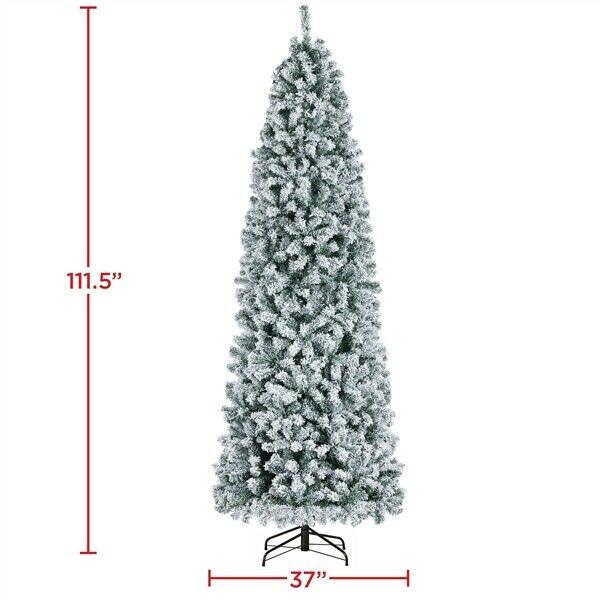 9ft Prelit Snow Flocked Artificial Christmas Tree Pencil Fir Tree with Stand
