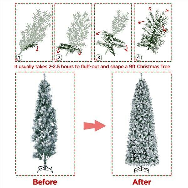 9ft Prelit Snow Flocked Artificial Christmas Tree Pencil Fir Tree with Stand