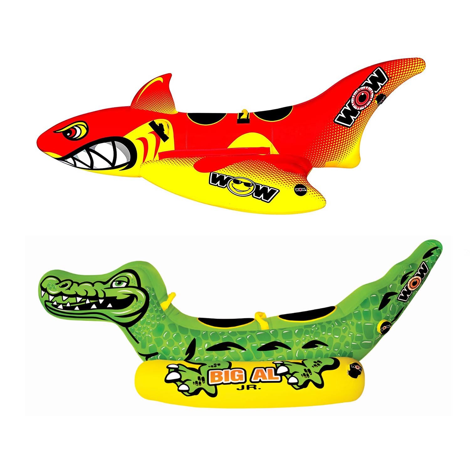 WOW Watersports Inflatable Big Shark Towable Boating Tube with Handles and Big Al Junior Alligator 2 Person Inflatable Inner