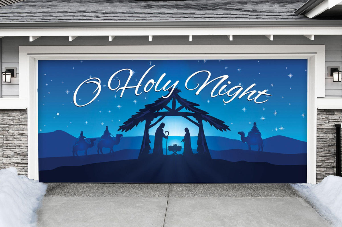 7' x 16' Blue and White "O Holy night" Christmas Double Car Garage Door Banner