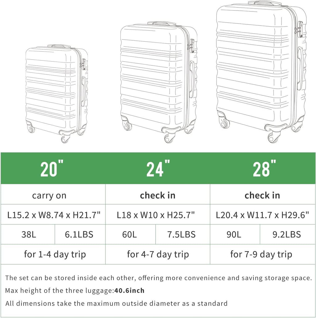 Luggage 3 Piece Set ABS Hardshell Lightweight Suitcase with TSA Lock Spinner Wheels 20in24in28in (Black)