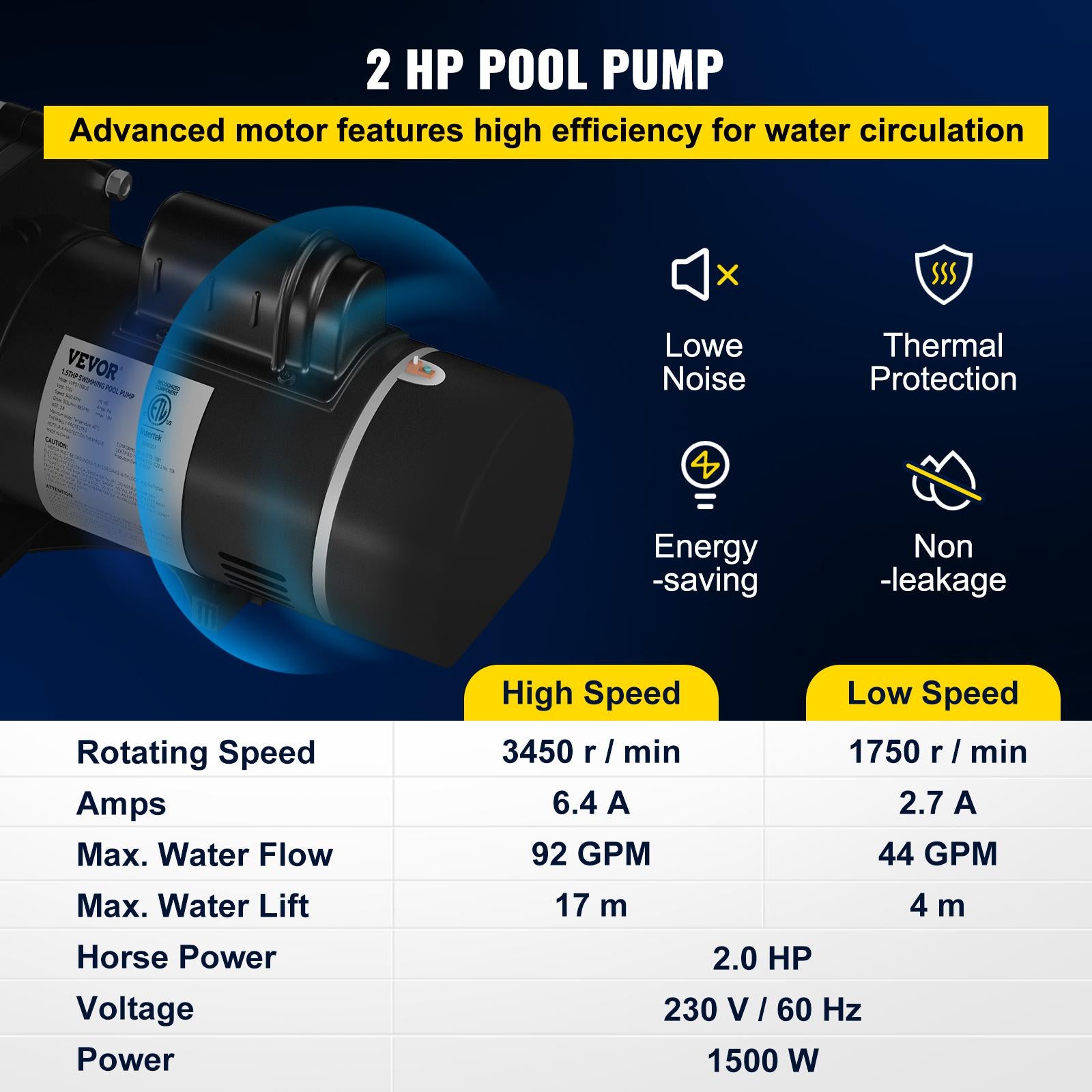 vevor swimming pool pump, 2 hp 230 v, 1500 w double speed pump for in/above ground pool w/ strainer basket, 5520 gph max. flow, certification of etl for security