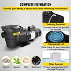 vevor swimming pool pump, 2 hp 230 v, 1500 w double speed pump for in/above ground pool w/ strainer basket, 5520 gph max. flow, certification of etl for security