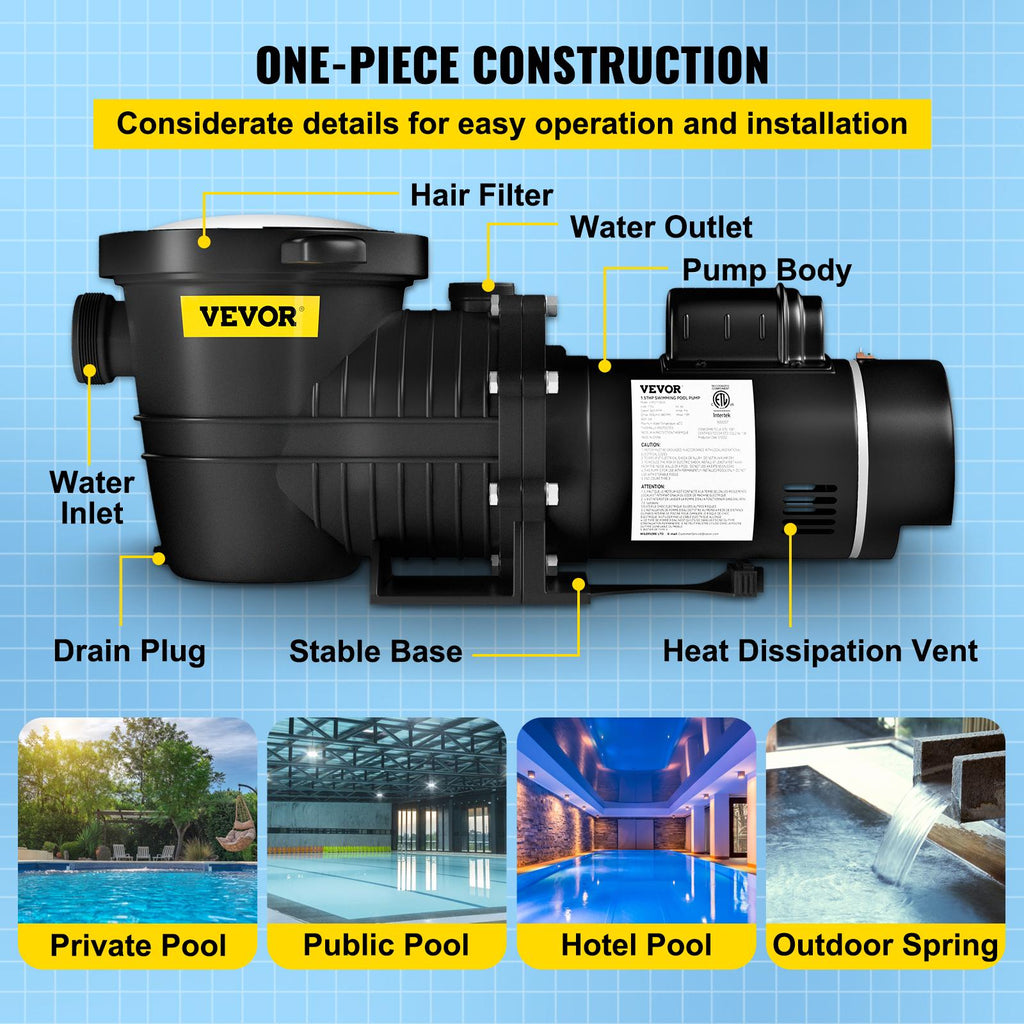 vevor swimming pool pump, 2 hp 230 v, 1500 w double speed pump for in/above ground pool w/ strainer basket, 5520 gph max. flow, certification of etl for security