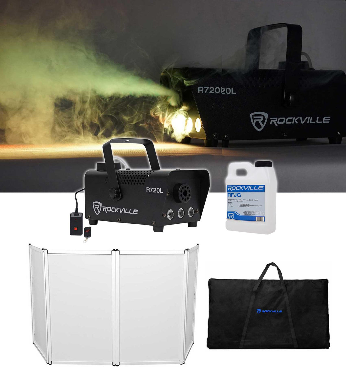 Rockville RFAAW DJ Event Facade Booth+Travel Bag+Scrim+LED Fog Machine+Juice