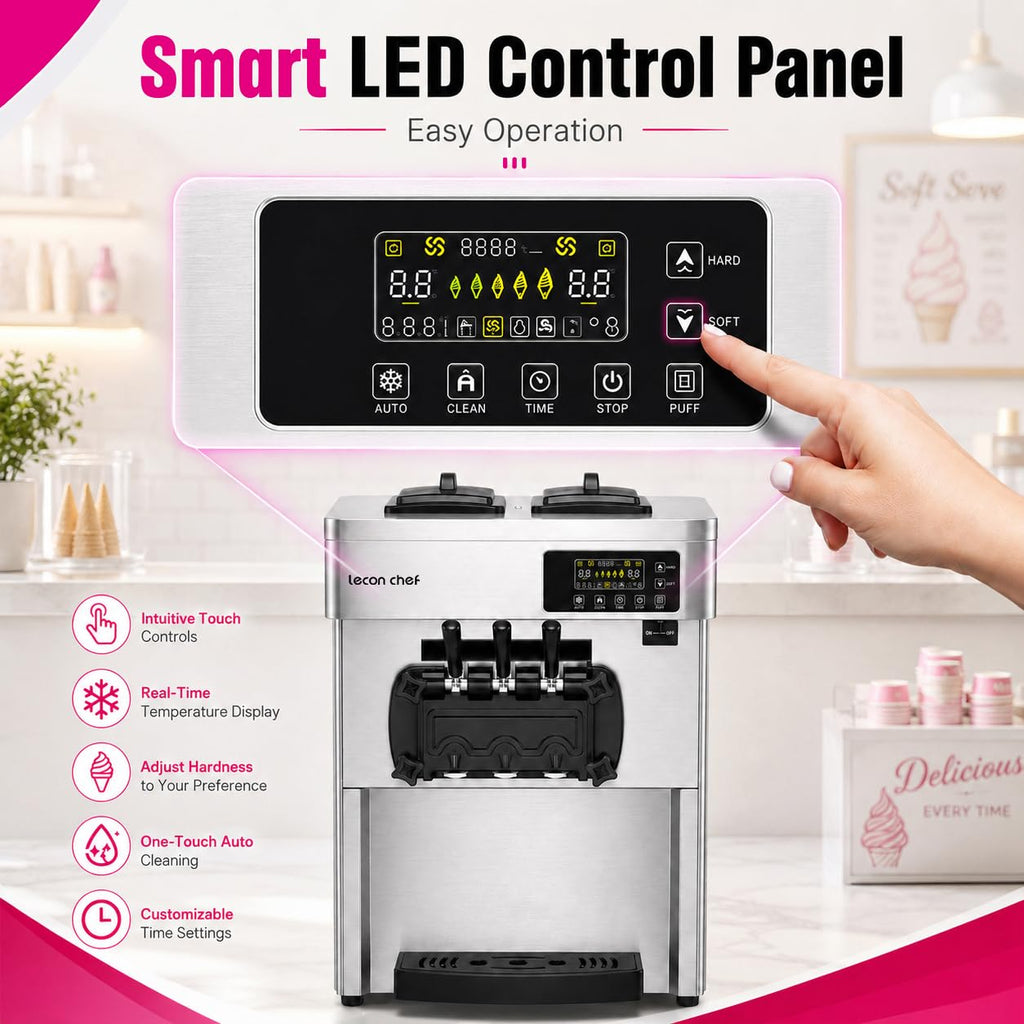 Commercial Ice Cream Machine, 20-28L/H Yield, 2200W 3-Flavor Countertop Soft Serve Ice Cream Maker  Steel, 2 x 6L Hoppers with LED Panel Auto Clean for Restaurants Cafes Snack Bars