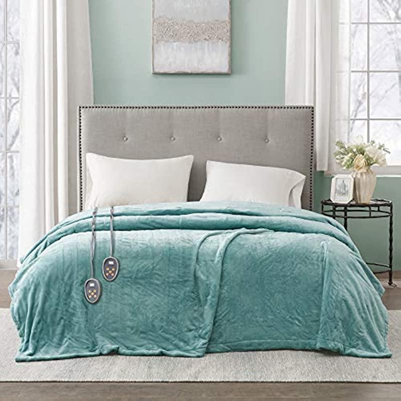 Beautyrest Plush Electric Blanket Throw For Cold Weather - Multi-Level Heat Settings Controller, Secure Comfort Low EMF Technology and Auto Shut Off Safety, King, Aqua