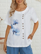 Womens Floral Print Round Neck Short Sleeve Shirt