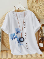 Womens Floral Print Round Neck Short Sleeve Shirt