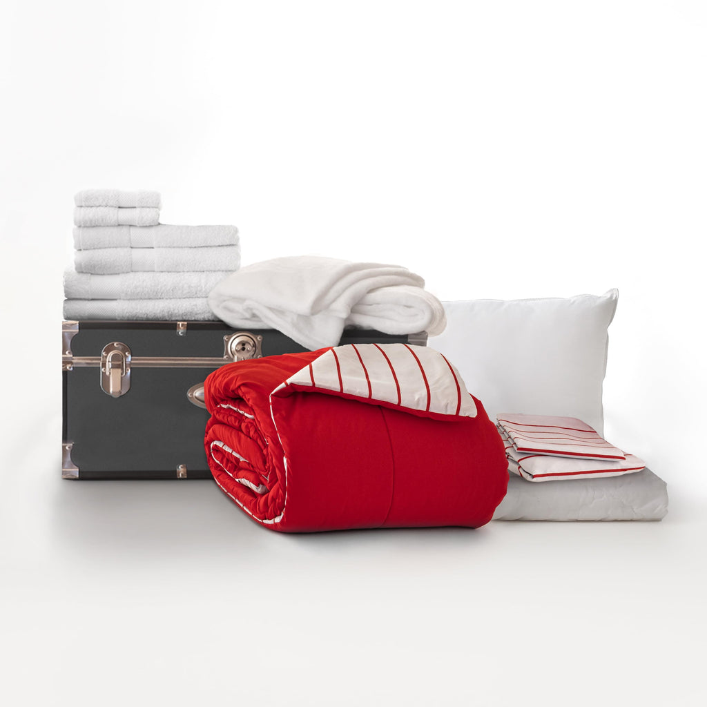 Dawn ColleTraveler Bundle in Red &amp; Stripe, 13-Piece Dorm Room Set, Twin XL Bedding, Cotton Towels &amp; StoraTrunk
