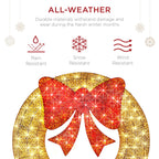 48in Pre-Lit Outdoor Christmas Wreath, LED Metal Holiday Decor w/ 140 Lights, Bow - Gold/Red