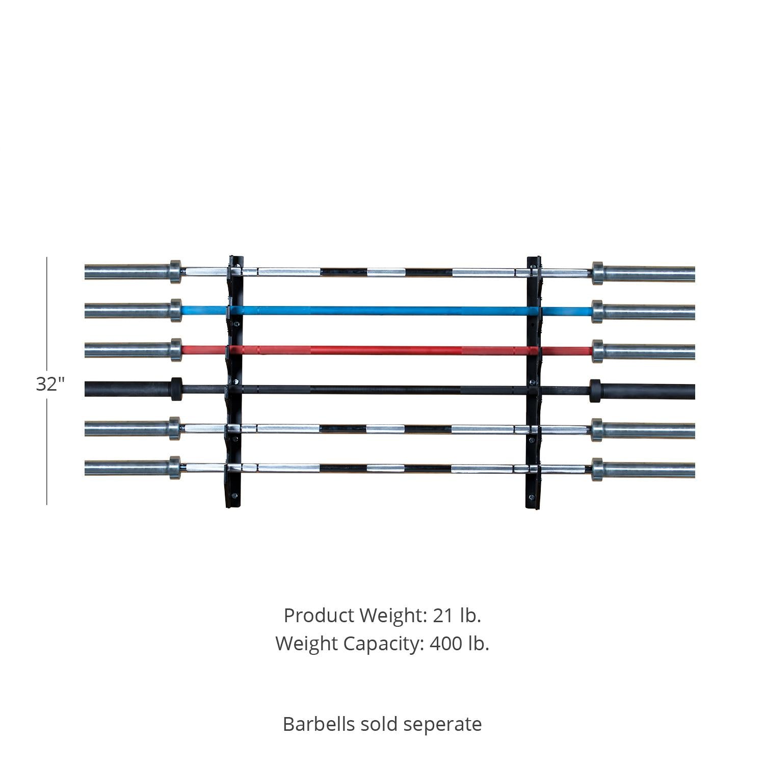 Fitness Steel Horizontal Wall Mounted Barbell Rack V2, 6 Bar Options with UHMQ Protectors, Horizontal Holder, Weight Bar Holder, Barbell Storage