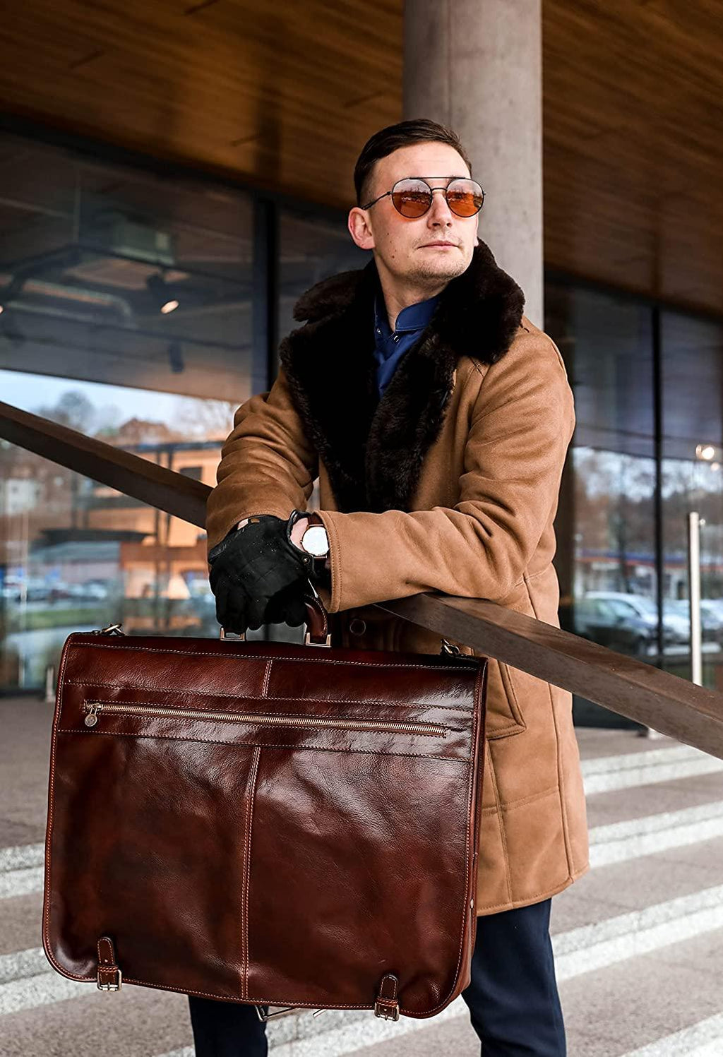Leather Garment Bag Suit Duffel Slim Carry-on Suitcase Dress Protection Bag Brown – Time Resistance (Brown)