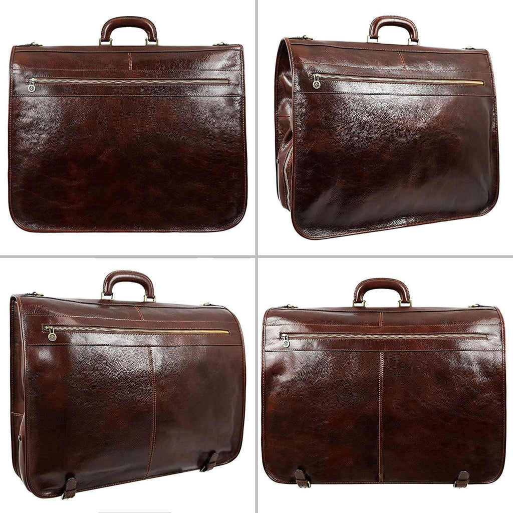 Leather Garment Bag Suit Duffel Slim Carry-on Suitcase Dress Protection Bag Brown – Time Resistance (Brown)