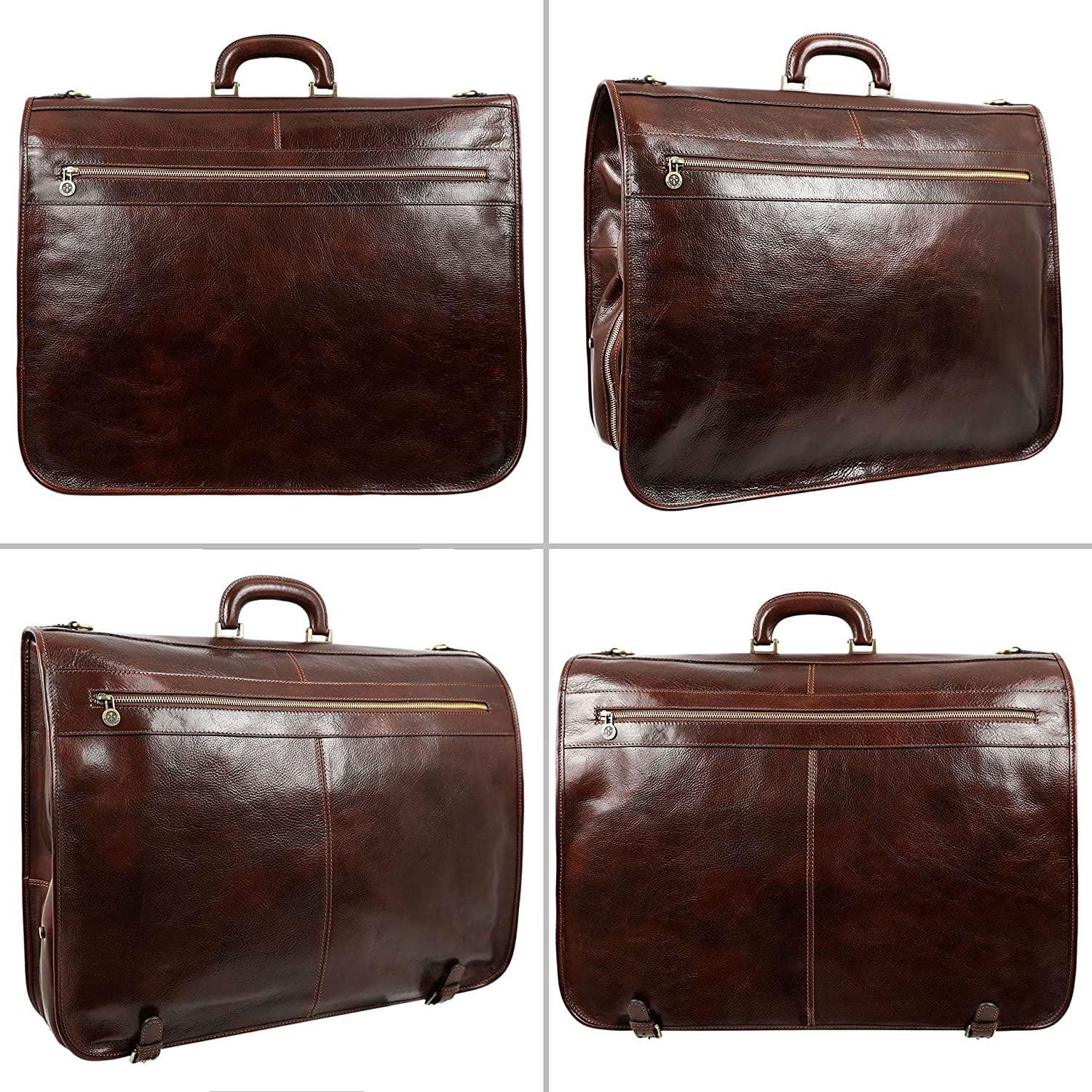 Leather Garment Bag Suit Duffel Slim Carry-on Suitcase Dress Protection Bag Brown – Time Resistance (Brown)