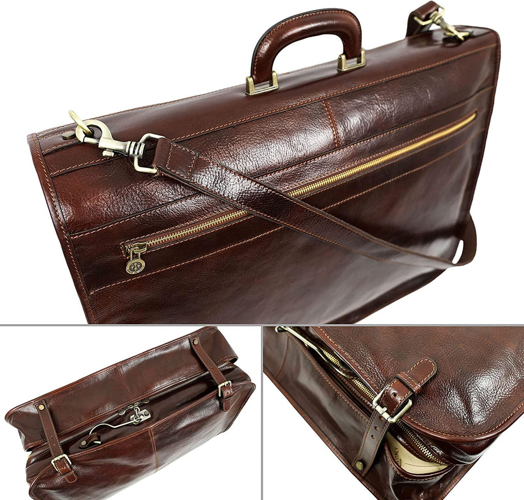 Leather Garment Bag Suit Duffel Slim Carry-on Suitcase Dress Protection Bag Brown – Time Resistance (Brown)
