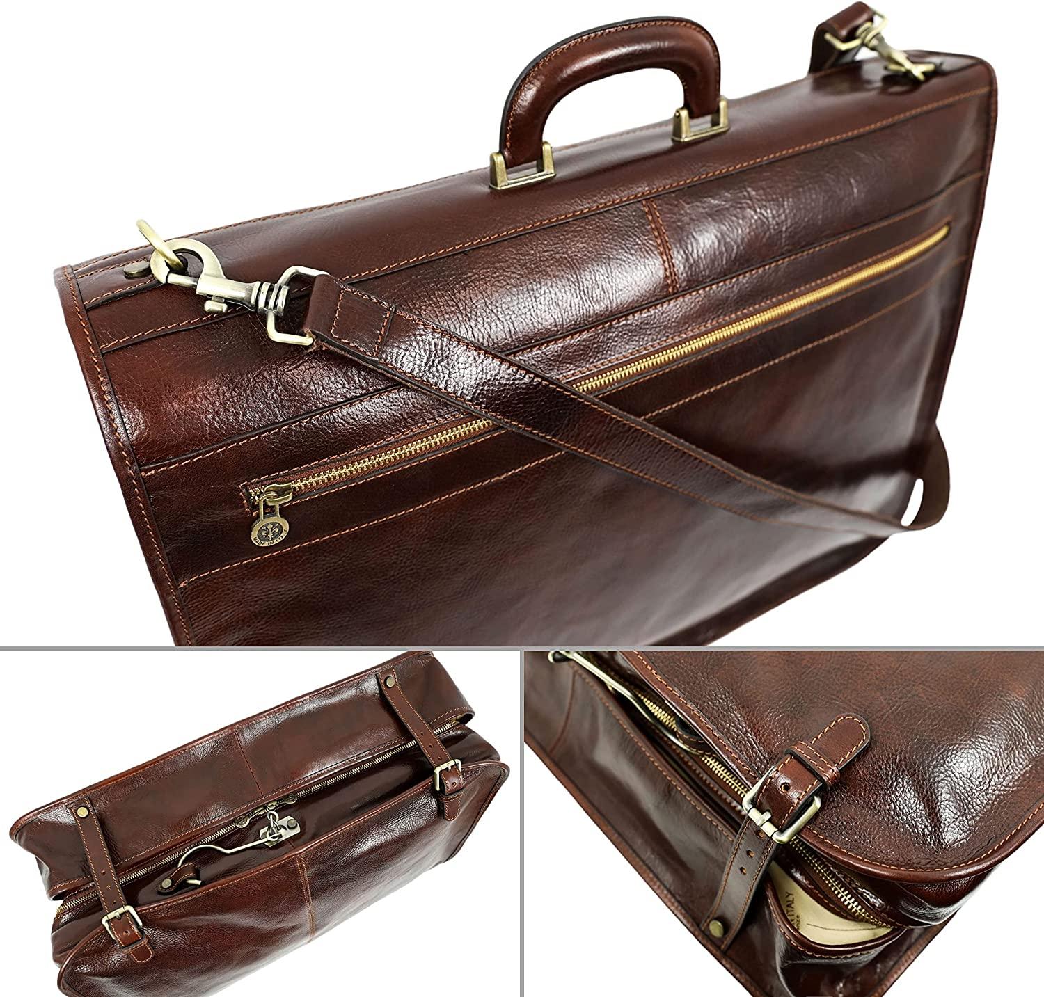 Leather Garment Bag Suit Duffel Slim Carry-on Suitcase Dress Protection Bag Brown – Time Resistance (Brown)