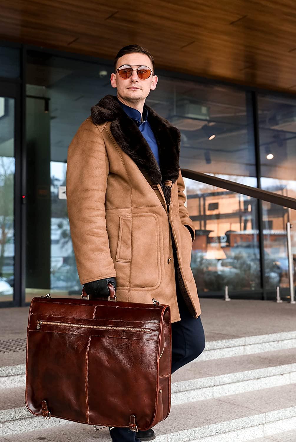 Leather Garment Bag Suit Duffel Slim Carry-on Suitcase Dress Protection Bag Brown – Time Resistance (Brown)