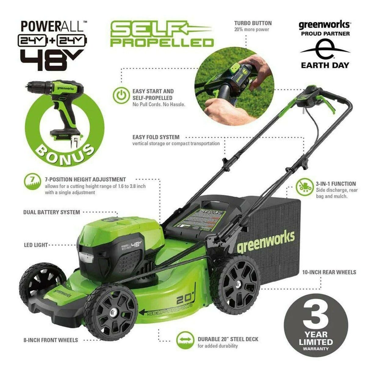 48V 20 inch Cordless Lawn Mower Self Propelled with Drill Driver