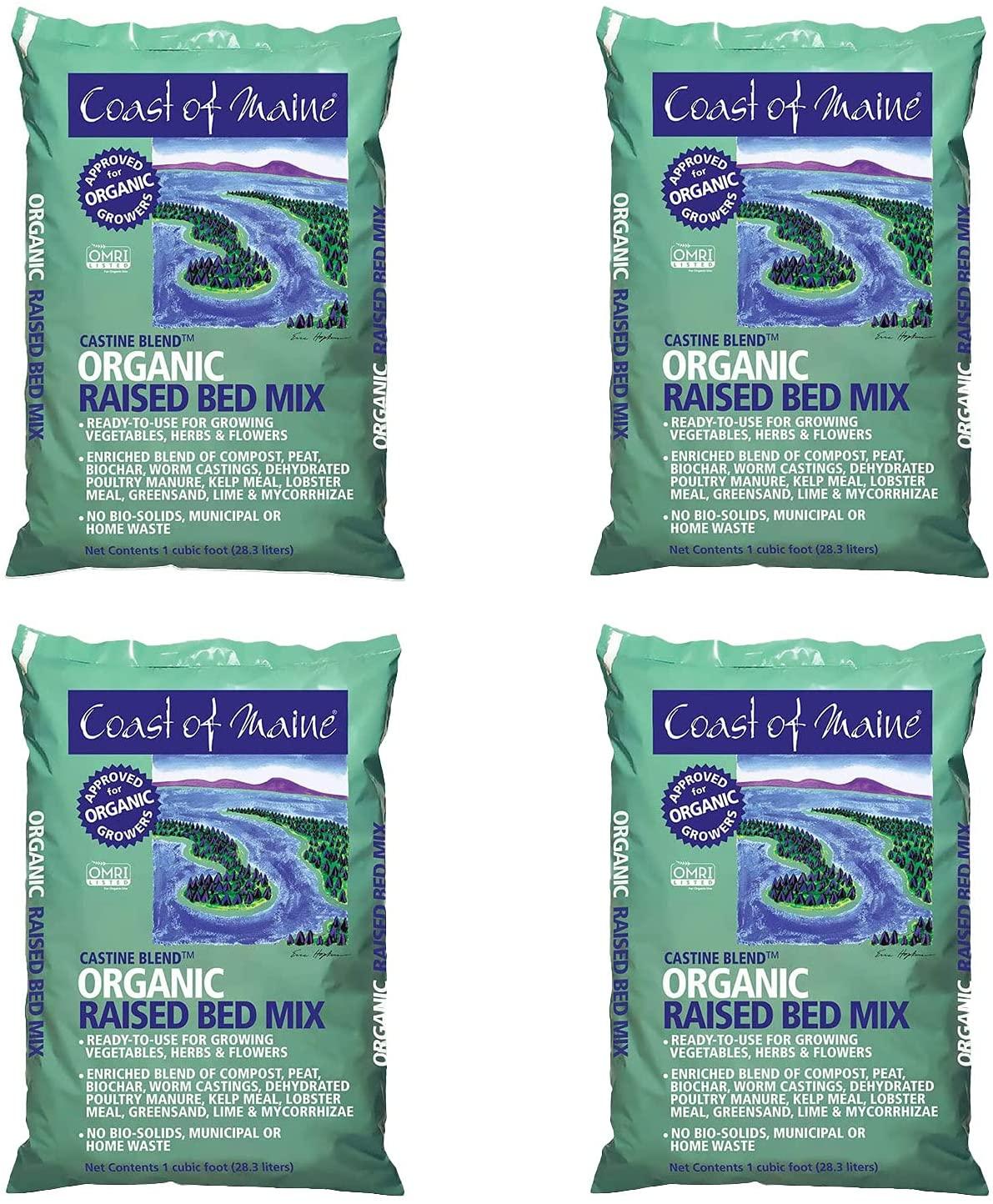 coast of maine castine blend organic raised bed soil mix with all natural ingredients for vegetables, herbs, and flowers, 1 cubic feet (4 pack)