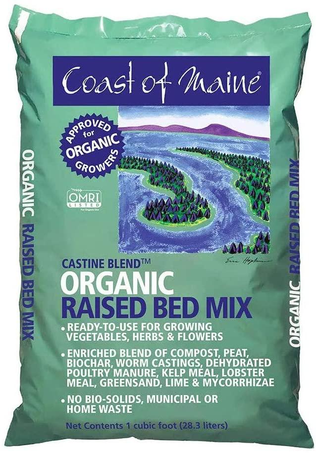 coast of maine castine blend organic raised bed soil mix with all natural ingredients for vegetables, herbs, and flowers, 1 cubic feet (4 pack)