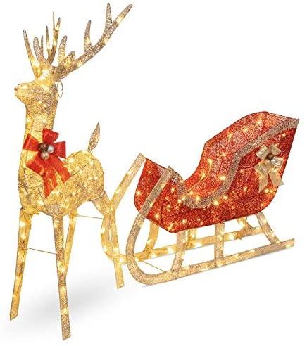 Red Gold Reindeer Sleigh Lighted Display Outdoor Christmas Yard Decoration Sculpture Yard Art Holiday Winter Display