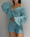 lantern sleeve buttoned cardigan &amp; shorts set