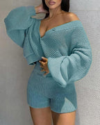 lantern sleeve buttoned cardigan &amp; shorts set