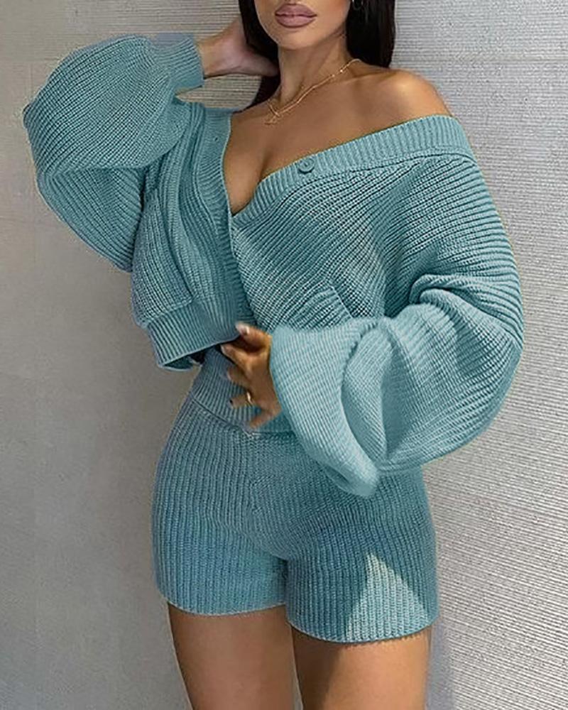 lantern sleeve buttoned cardigan &amp; shorts set