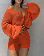 lantern sleeve buttoned cardigan &amp; shorts set