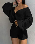 lantern sleeve buttoned cardigan &amp; shorts set