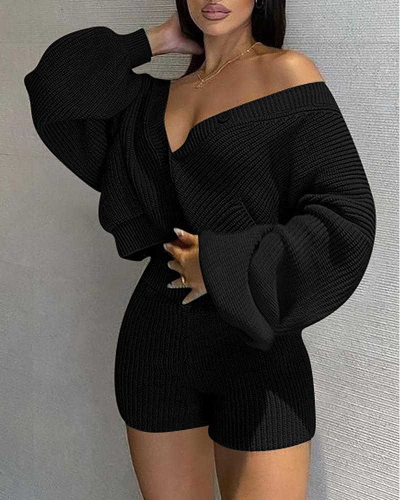 lantern sleeve buttoned cardigan &amp; shorts set