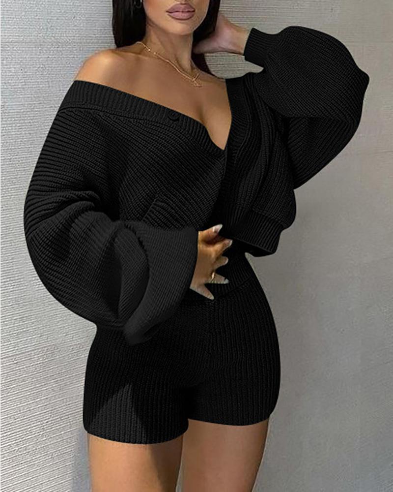 lantern sleeve buttoned cardigan &amp; shorts set