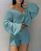 lantern sleeve buttoned cardigan &amp; shorts set