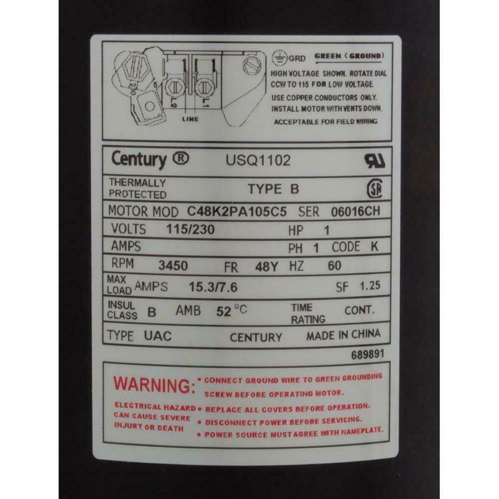 century a.o. smith usq1102 square flange 1 hp up-rated 48y pool filter motor