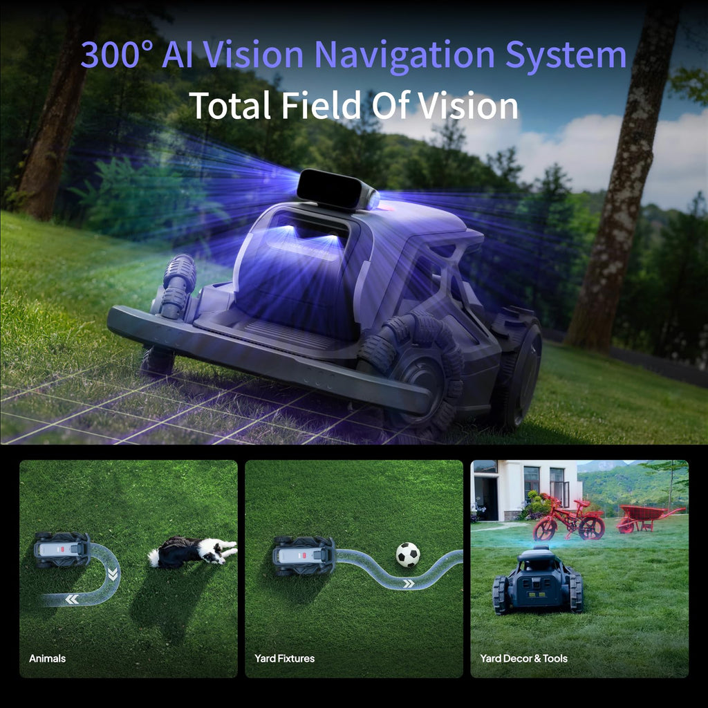 TRON Robot Lawn Mower for Up to 2400㎡, 300° Vision, NRTK V-SLAM | Wire-,AI Obstacle Avoidance, No Perimeter Wire,Smart App Control,Auto Mapping, All-Terrain Mowing,15Ah,Swappable Battery