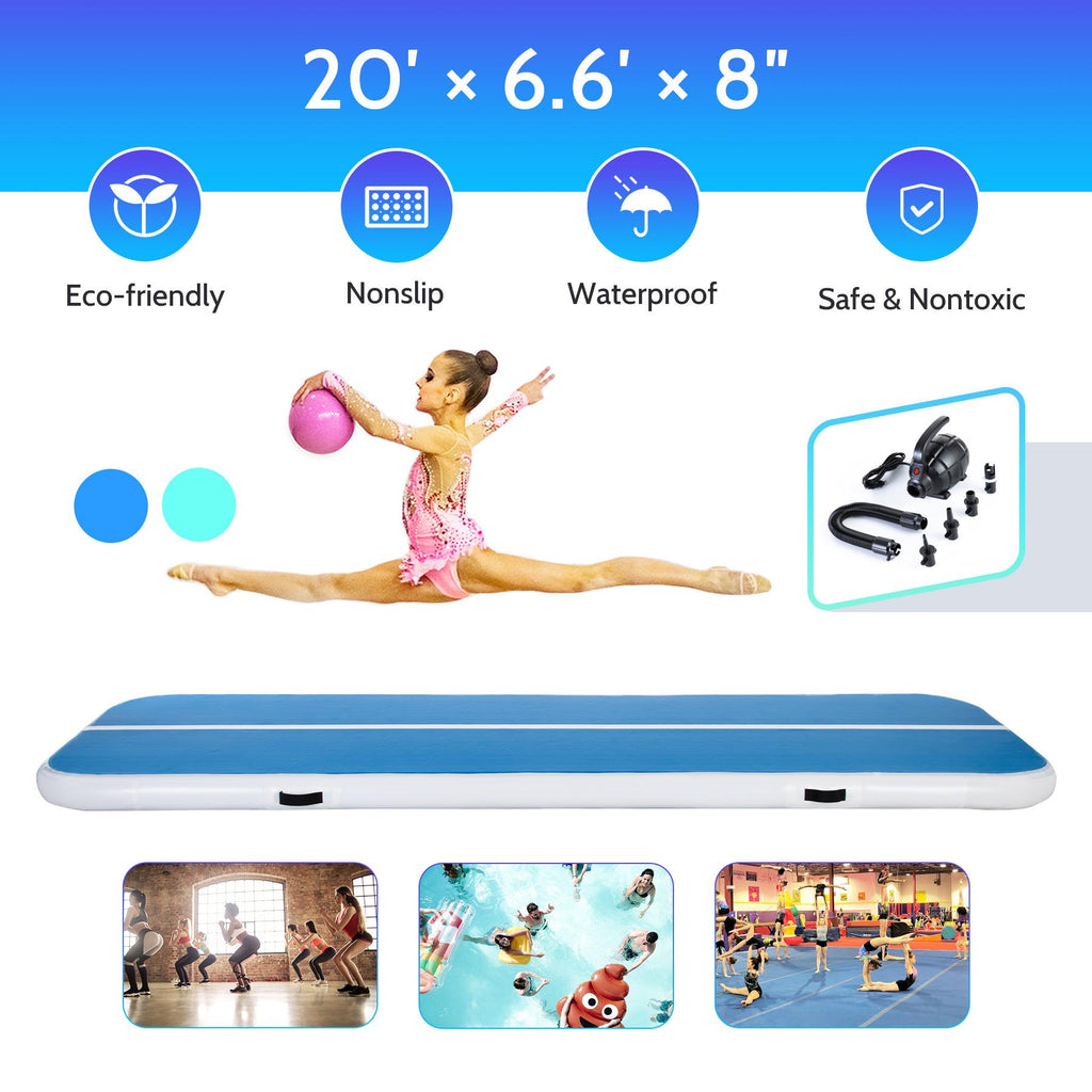 Preenex 20ft Air Gymnastics and Yoga Mat for Home Gym and Outdoors With Pump (Four pump nozzles)