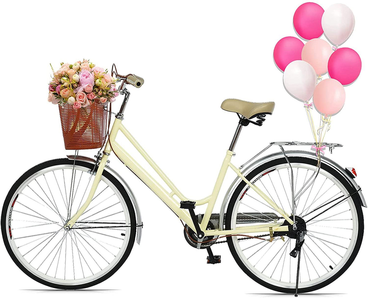 Womens Bike Complete Cruiser Bikes for Women Commuter Bike Single Speed Classic Retro Bicycle with Basket, Front and Rear Fenders, Rear Rack,and 26-Inch Wheels