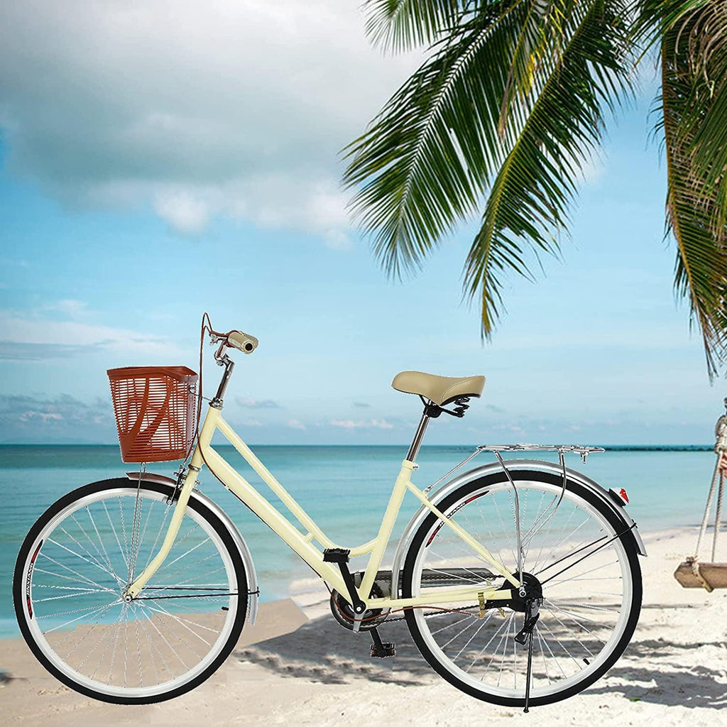 Beach Cruiser Bike for Womens 26 Inch Cruiser Bike Classic Retro Bicycle Road Bikes, Single Speed Bicycle Commuter Bicycle High-Carbon Steel Frame, Front Basket, Rear Racks