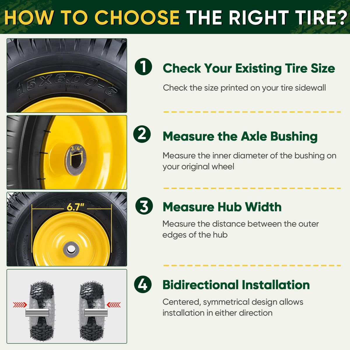 2PK 15x6.00-6nhs Lawn Mower Tires, Pneumatic Front Tire and Wheel Assemblies, 3" Centered Hub and 3/4" Bushings, 550lbs Load Capacity (Yellow)