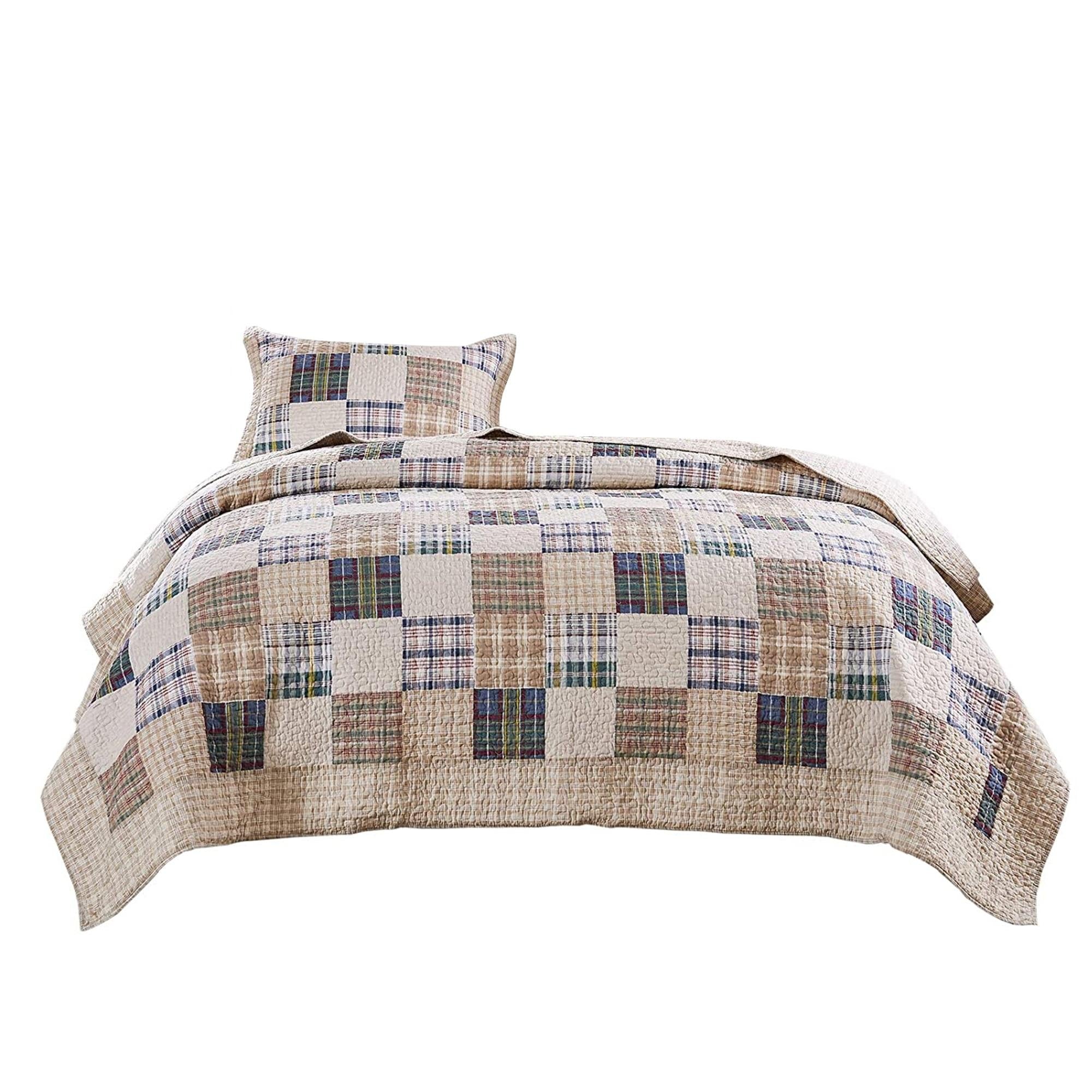 Ebro 2 Piece Twin Size Quilt Set with Plaids Square and Stripes Pattern, Cream