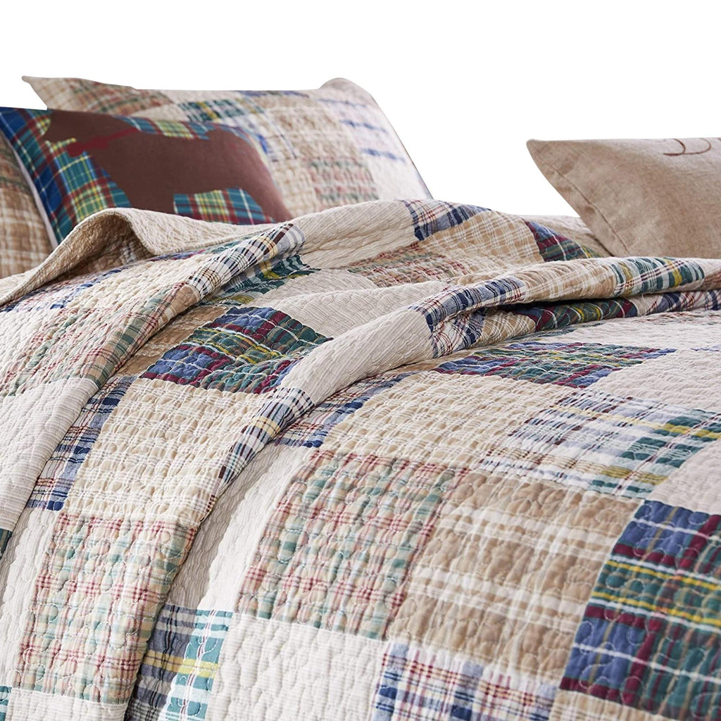 Ebro 2 Piece Twin Size Quilt Set with Plaids Square and Stripes Pattern, Cream