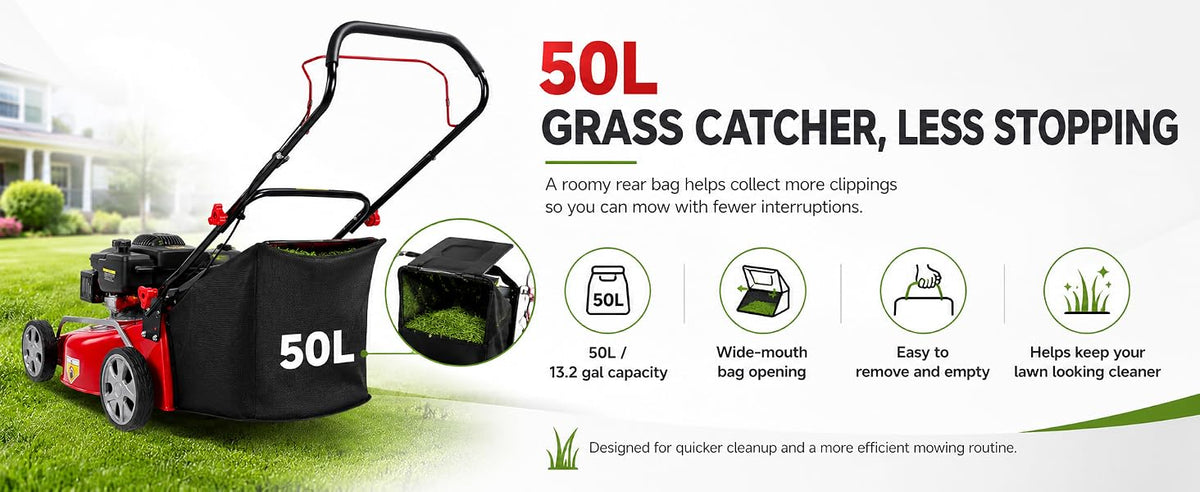3 in 1 Self Propelled Gas Lawn Mower, 131cc 4-Stroke Engine with 50L Grass Bag &amp; Big Wheels, 3-in-1 Mulching/Side Discharge/Rear Bag, Push Button Start for Medium to LarLawns Red