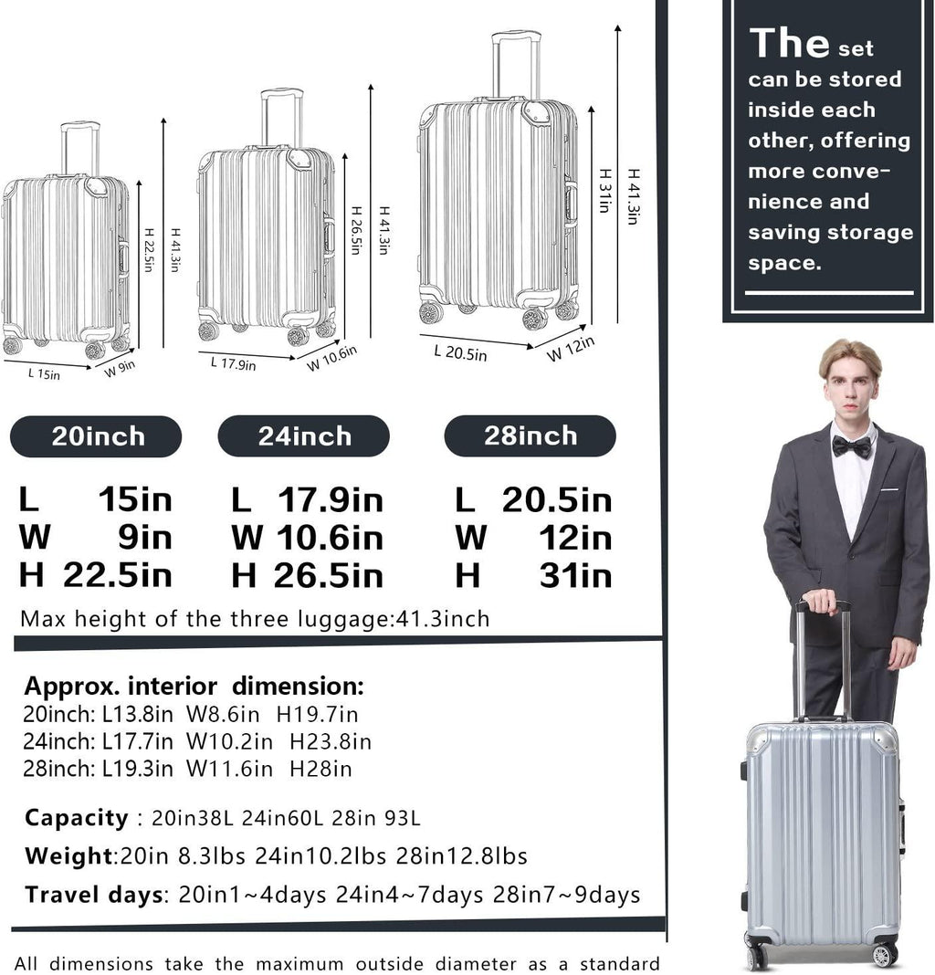 Luggage Aluminium Frame Suitcase TSA Lock 100%PC 20in 24in 28in (Sliver, L(28in))