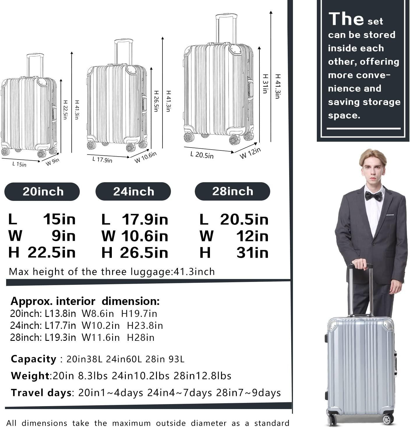 Luggage Aluminium Frame Suitcase TSA Lock 100%PC 20in 24in 28in (Sliver, L(28in))
