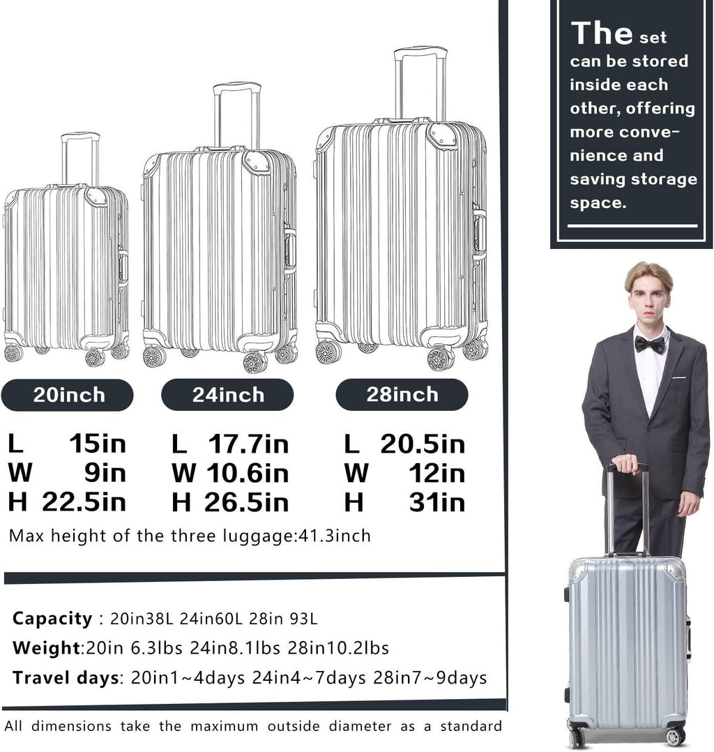 Luggage Aluminium Frame Suitcase TSA Lock 100%PC 20in 24in 28in (Sliver, L(28in))