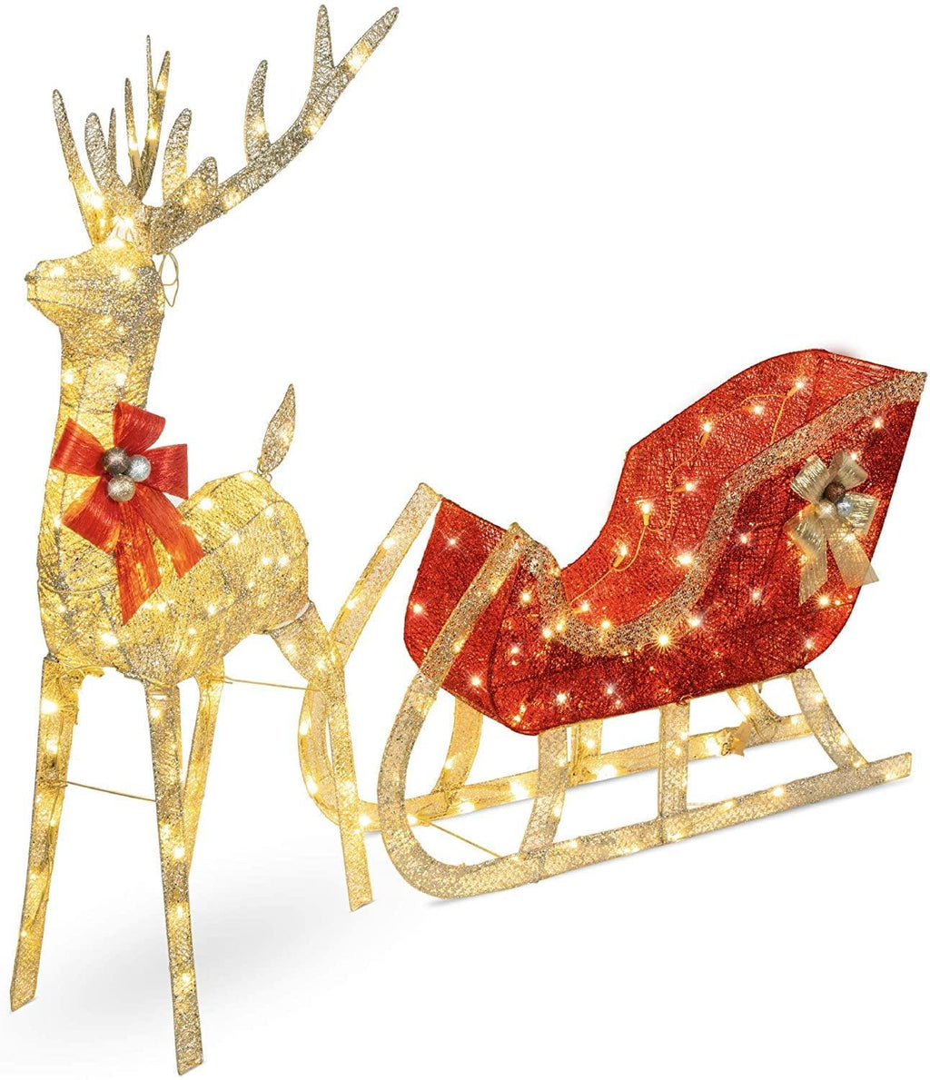 ZhanMazwj Lighted Christmas 4ft Reindeer &amp; Sleigh Outdoor Yard Decoration Set w/ 205 LED Lights, Stakes, Zip Ties sd1012