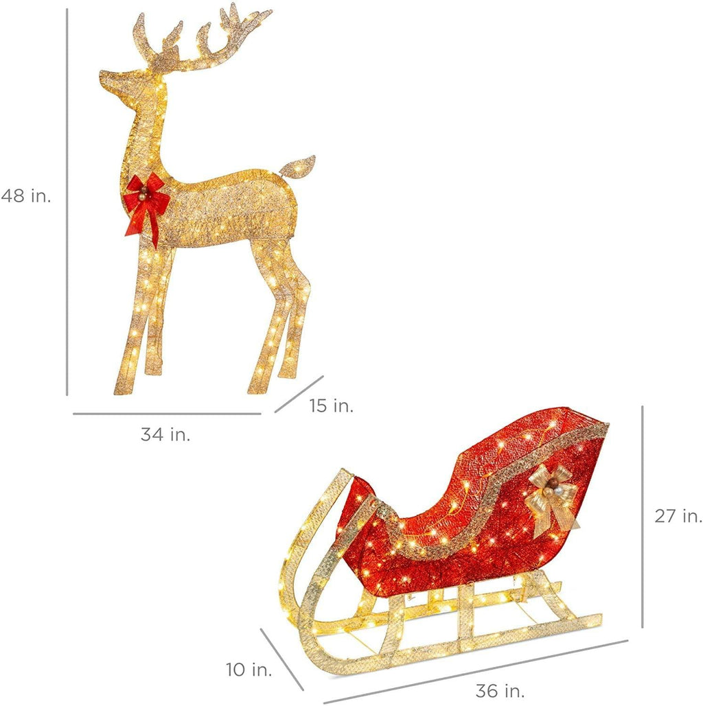 ZhanMazwj Lighted Christmas 4ft Reindeer &amp; Sleigh Outdoor Yard Decoration Set w/ 205 LED Lights, Stakes, Zip Ties sd1012